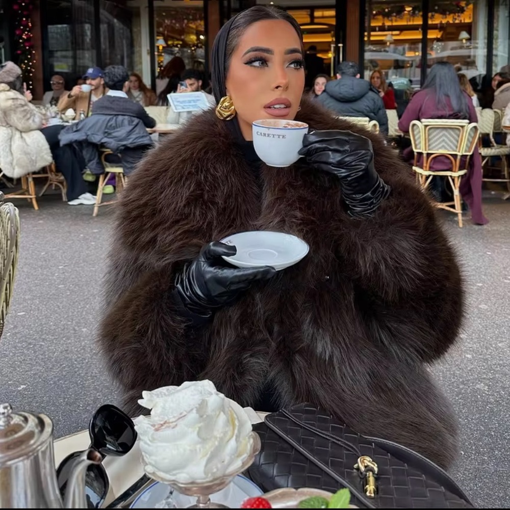 Luxurious Brown Fur Coat warm winter shaggy fluffy faux feather jacket